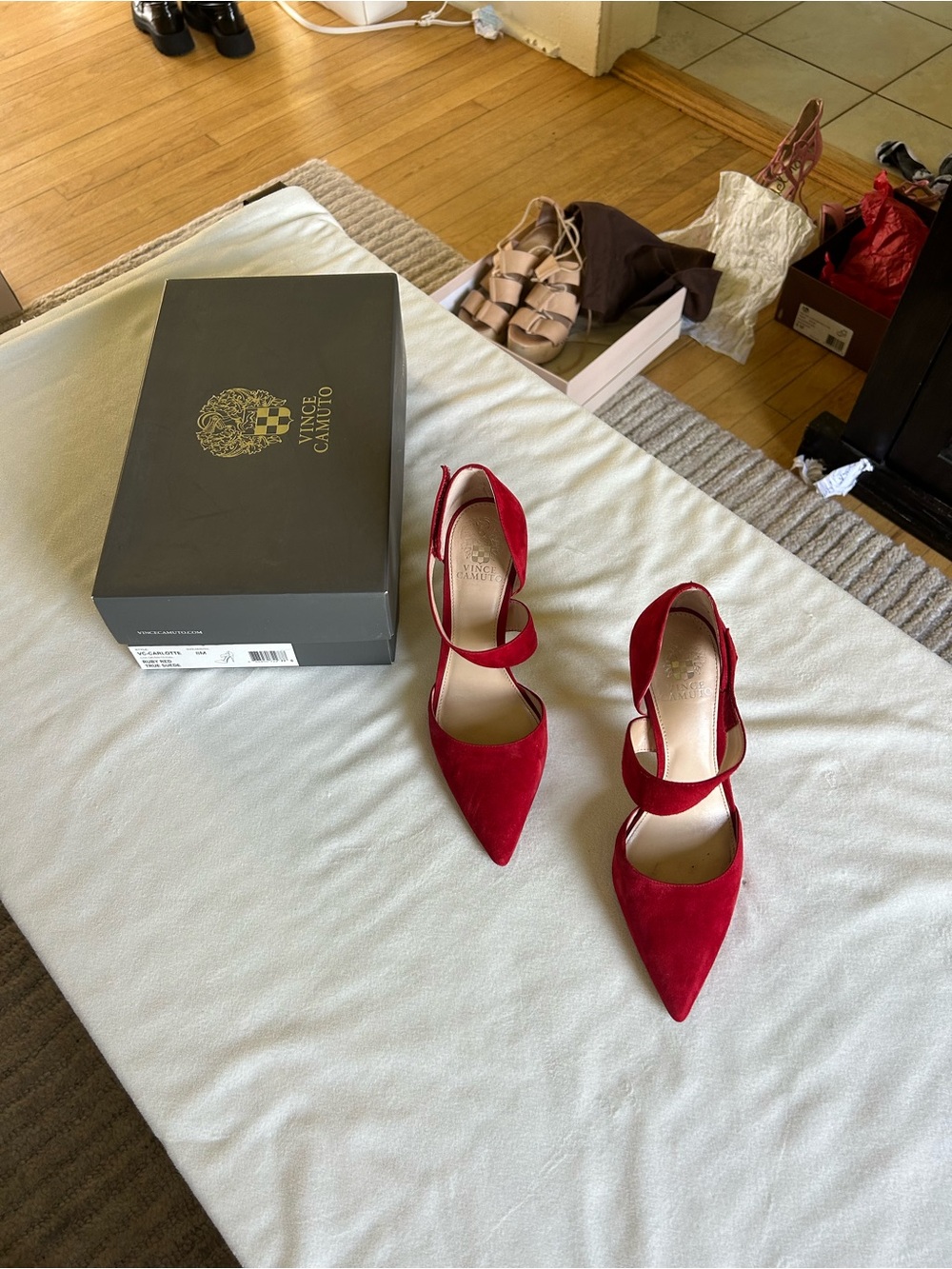 Vince Camuto Red Suede Pointed-Toe Ankle-Strap Pumps